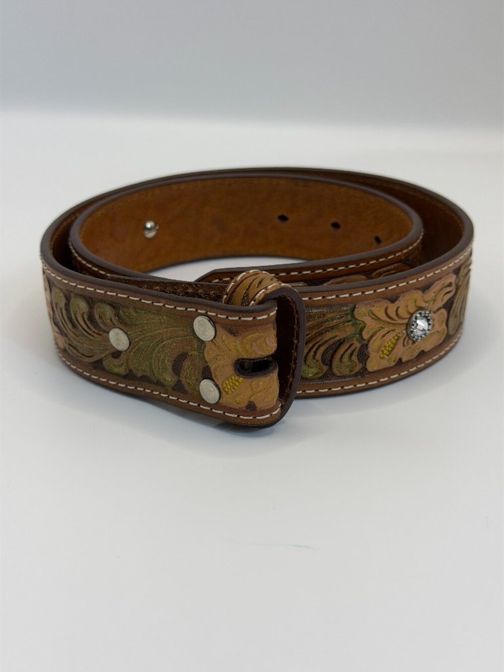 Nocona Brown Tooled Leather Belt Strap Green Floral Rhinestone Size S No Buckle
